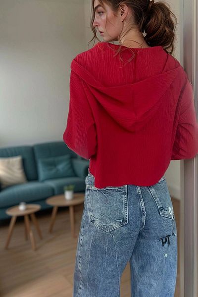 bacc Women's Red Self-Textured Zippered Hooded Crop Sweatshirt Bcbsk-25700-3322