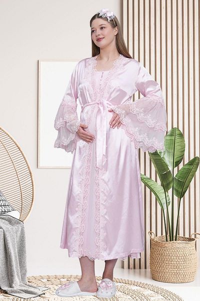 Mecit Pijama Mecit 6301 Pink Maternity Maternity Lace Dressing Gown Nightgown Set