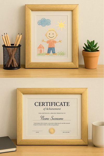 Tuğra Sanat Galerisi A4 Glass Gold Color Frame 3 cm Decorative Wall and Table Top Frame with Mat