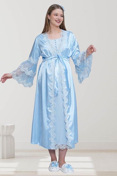 Mecit Pijama Mecit 6301 Blue Maternity Lace Dressing Gown Nightgown Set