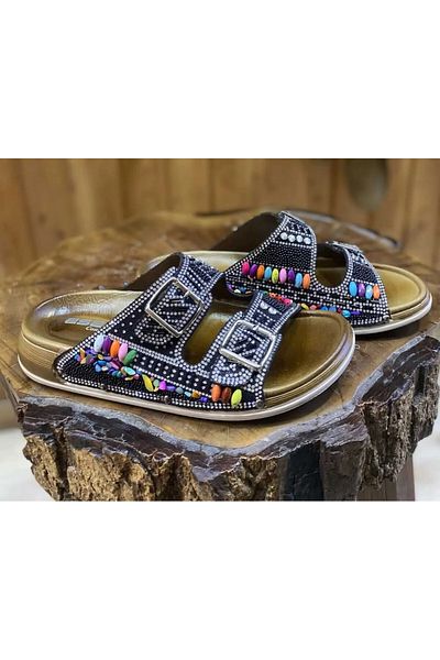 MYSSTORE Women's Double Buckle Anatomical Leather Comfortable Sole Stone Women's Slippers