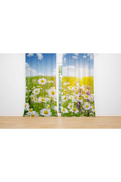 Erays Home Daisy Sunrise Landscape Patterned Digital Printed Background Curtain 2 Sashes Living Room Hall Background Curtain