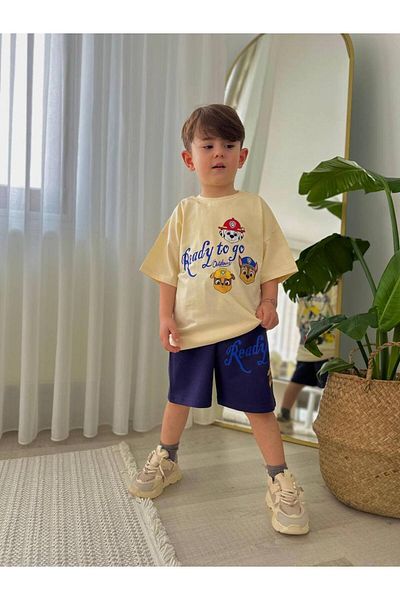 MİO Boy's Cotton Paw Petrol T-Shirt and Shorts Set