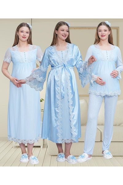 Mecit Pijama Mecit 6302 Blue Lace Dressing Gown Nightgown Pajamas Maternity Set