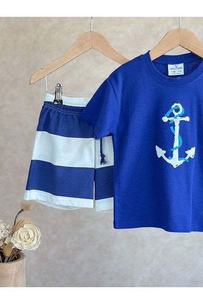 MİO Set de tricou cu imprimeu Anchor albastru din bumbac și pantaloni scurți cu dungi pentru băieți