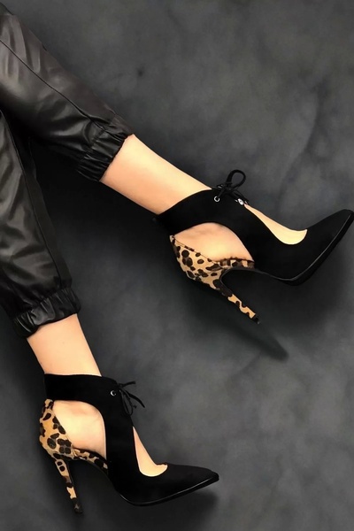 PayBuy Şık Desenli Siyah İnce Topuklu Bilekten Bağlamalı Günlük Ve Gece Stiletto Ayakkabı