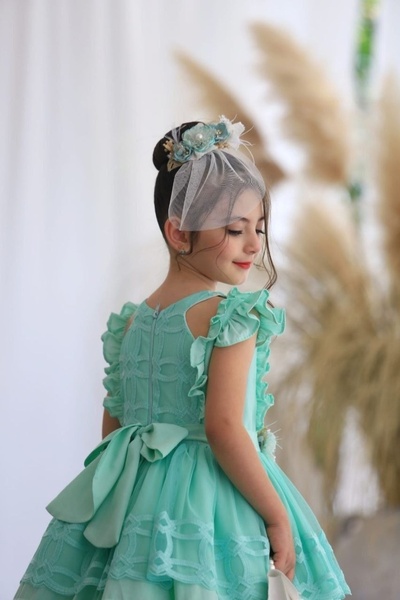 Ribbon kids Uzun Çiçekli Prenses Elbisesi özel günler için ideal. + çanta + Kemer + saç bandı 4lü Kombin