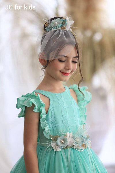Ribbon kids Long Floral Princess Dress Ideal for Special Occasions. + Bag + Belt + Hair Band 4-Piece Combination