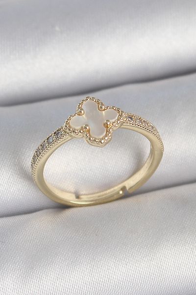 Skygo Brass Gold Color Zircon Stone White Enamel Clover Model Adjustable Women's Ring - Tj-Byk3737