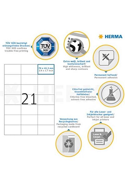 DERİK Derik 4668 Universal Label Din A4 70 X 42.3 Mm, 100 Sheets, Paper, Matte Self-Adhesive, Ba