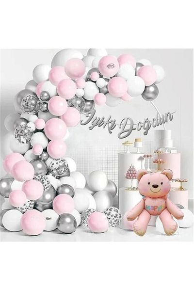Laviyosa Retro Pink Bear Silvered Pink Luxury Balloon Chain Birthday Party Set Decoration for Girls