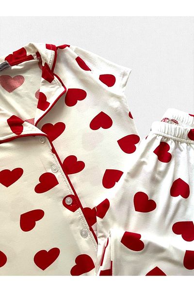 Fil Kids Set de pijamale cu mânecă scurtă, 100% bumbac, alb, cu inimă, cu guler de cămașă, cu nasturi roșii