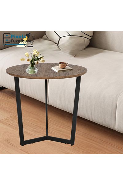 PixelsFurniture Pixel Furniture Sturdy Round Side Coffee Table with Wood Top and Metal Base