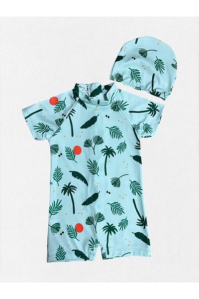 Fil Kids Boys' Turquoise Palm Print Short Sleeve Tight Woven Quick Dry Bonnet Swimsuit