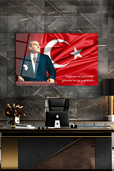 home dekors Atatürk Portresi ve Türk Bayrağı Vatanını En Çok Seven Cam Tablo İş Ofis Makam Odası Hediyelik Tablo