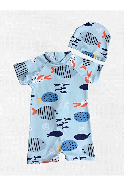 Fil Kids Erkek Çocuk Açık Mavi Balıklar Desenli Kısa Kollu Sık Dokuma Hızlı Kuruyan Boneli Mayo