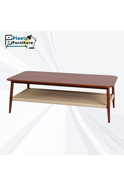 PixelsFurniture Pixel Furniture 2-Tier Coffee Table with Wood Top, Rattan Bottom Shelf and Metal Ends