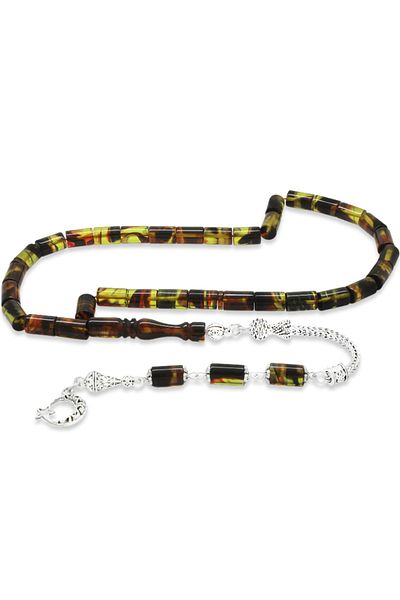 Tesbihane Anti-Tarnish Metal Tasseled Cut Bala-Black Fire Amber Rosary