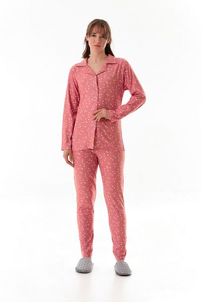 Fulla Moda Heart Patterned Shirt Collar Suede Pajama Set
