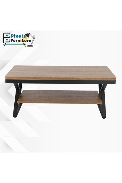 PixelsFurniture Pixel Furniture 2-Tier Coffee Table with Wood Top, Wood Bottom Shelf and Metal Ends