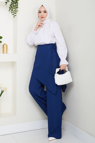 InStyle Navy Blue Crepe Trousers with Cross Tie Detail