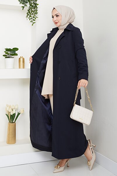 InStyle Kapak Detay Uzun Astarlı Lacivert Trençkot