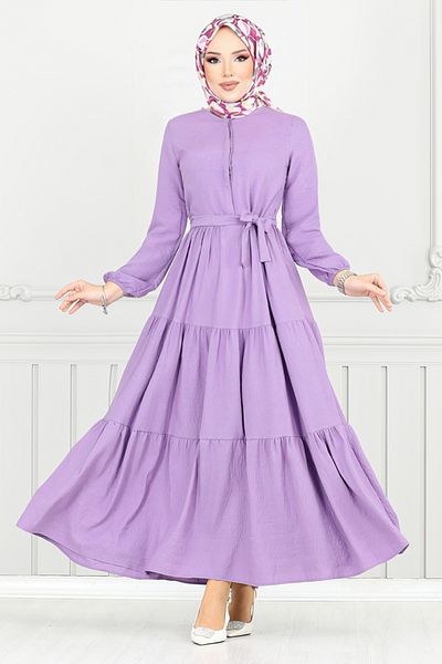 ModaMerve Aerobin Dress with Elastic Cuffs 6094Tge913-M Dark Lilac