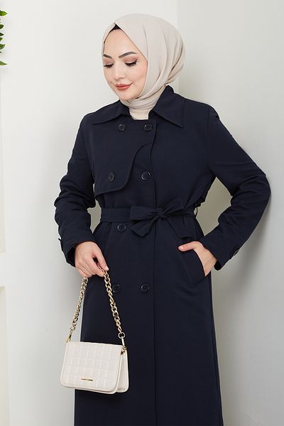 InStyle Long Lined Navy Blue Trench Coat with Cap Detail
