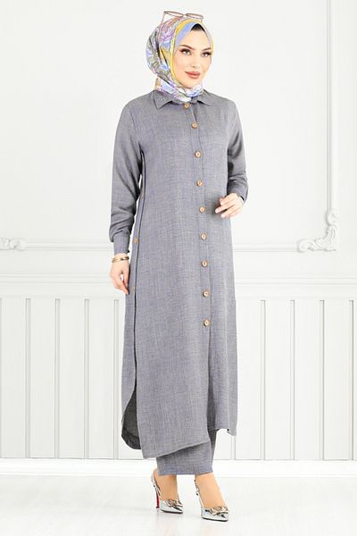 ModaMerve Front Buttoned Linen Suit 833Ozr1047-M Anthracite