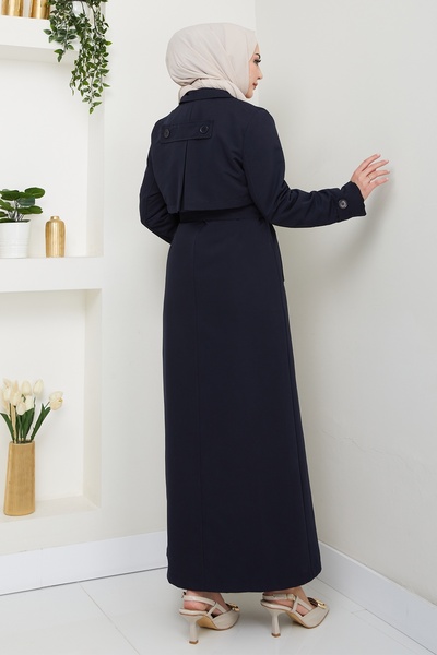 InStyle Kapak Detay Uzun Astarlı Lacivert Trençkot