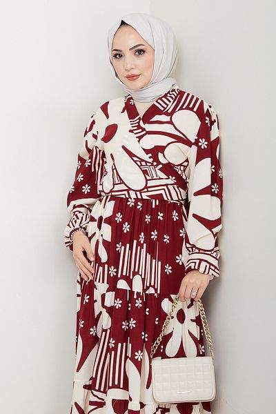 InStyle Set de viscoză burgundă cu model geometric floral