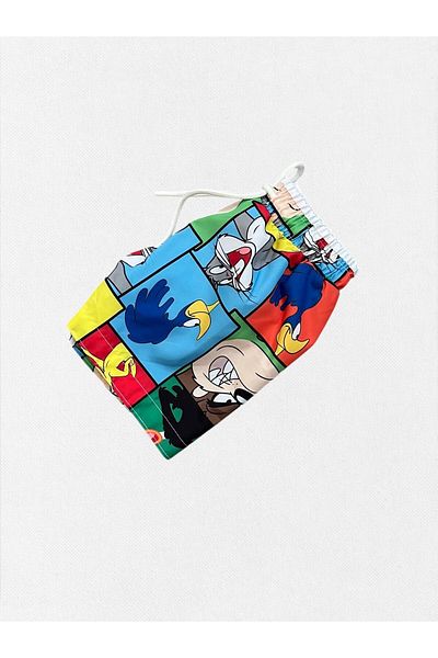 Fil Kids Boys Blue Cartoon Heroes Pattern Quick Dry Tight Woven Fabric Drawstring Swim Shorts