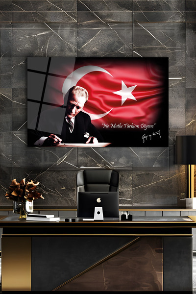 home dekors Atatürk Portresi ve Türk Bayrağı Ne Mutlu Türküm Diyene Cam Tablo İş Ofis Makam Odası Hediyelik
