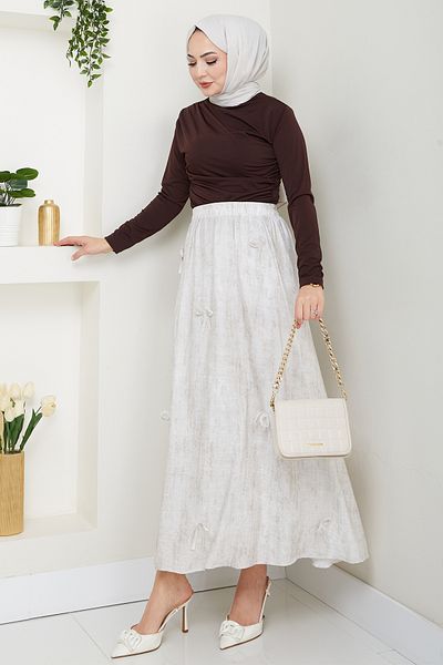 InStyle Fusta Ecru cu detaliu fundita si talie elastica