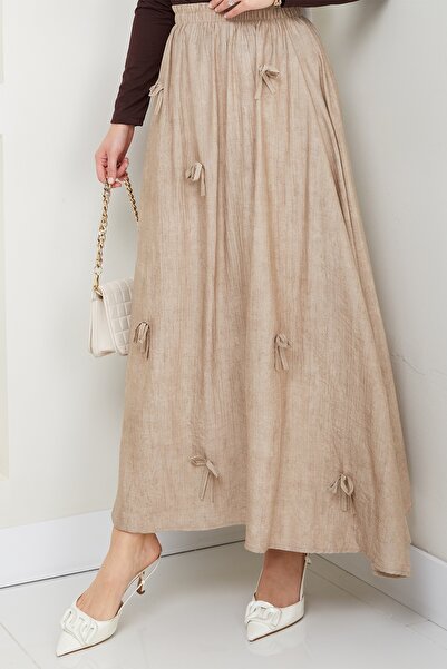 InStyle Fiyonk Detay Beli Lastikli Bej Etek