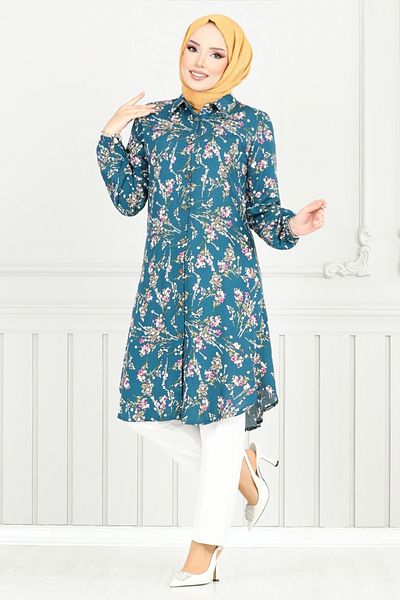 ModaMerve Tunica Hijab cu Motiv Floral 0174BGS895-M Petrol