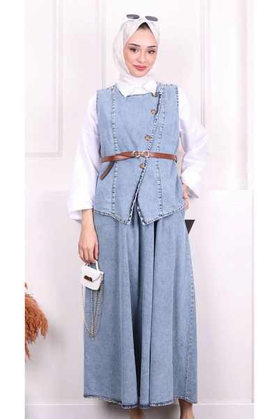 SMY New Season Leather Belted Denim Vest and Skirt Set