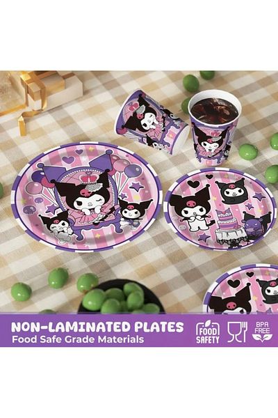 So Iconic 20-Person 80-Piece Kuromi Character Birthday Party Set / Plate, Glass & Napkin Set