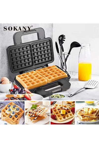 SOKANY Electric Waffle Maker 2 large pieces 1000 watts Non Stick Teflon plates SK-BBQ-225 Black