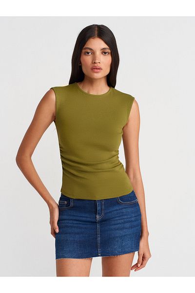 Dilvin 21054 Shirred Basic T-Shirt-Oil Green