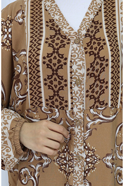 sefamerve Φόρεμα με μοτίβο από ύφασμα βισκόζης 0052-02 Καφέ