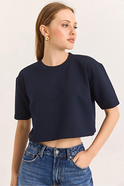 Raneel Kazançlı Alışveriş Μπλουζάκι Crew Neck Cool Crop με δύο κλωστές Navy Blue