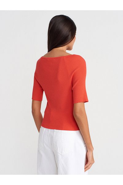 Dilvin 60970 Light Crew Neck Ribbed Buttoned Slim Knitwear Cardigan-A.Red