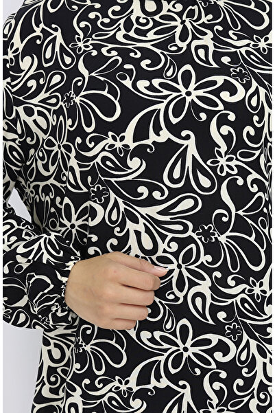 sefamerve Viskon Kumaş Kolu Lastikli Desenli Elbise 2036-03 Siyah