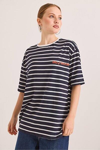Raneel Kazançlı Alışveriş Cartoon up Printed Striped Casual Tshirt Navy Blue