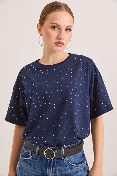 Raneel Kazançlı Alışveriş Taş Detaylı Rahat Kalıp Premium Pamuk Tshirt Lacivert