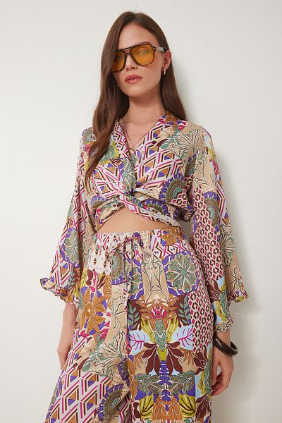 Lovelyİstanbul Patterned Satin Crop Top and Bottom Set Cream Pink Ldp0041