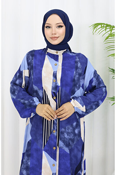 sefamerve Φόρεμα από ύφασμα βισκόζης με κουμπιά 0051-01 Navy Blue Beige