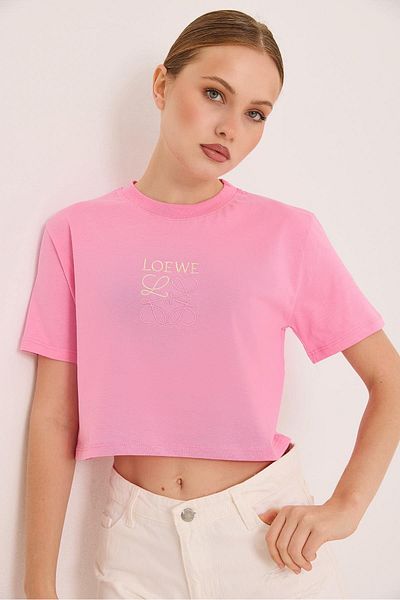 Raneel Kazançlı Alışveriş Tricou Crop din bumbac brodat roz