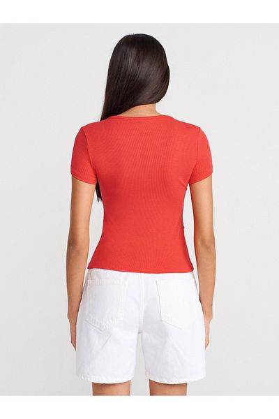 Dilvin 31838 Button Short Sleeve Top-Red